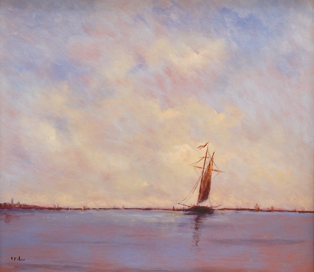 Continental School, 20th century, A boat off the coast, indistinctly signed lower left, oil on board, 68 x 78cm